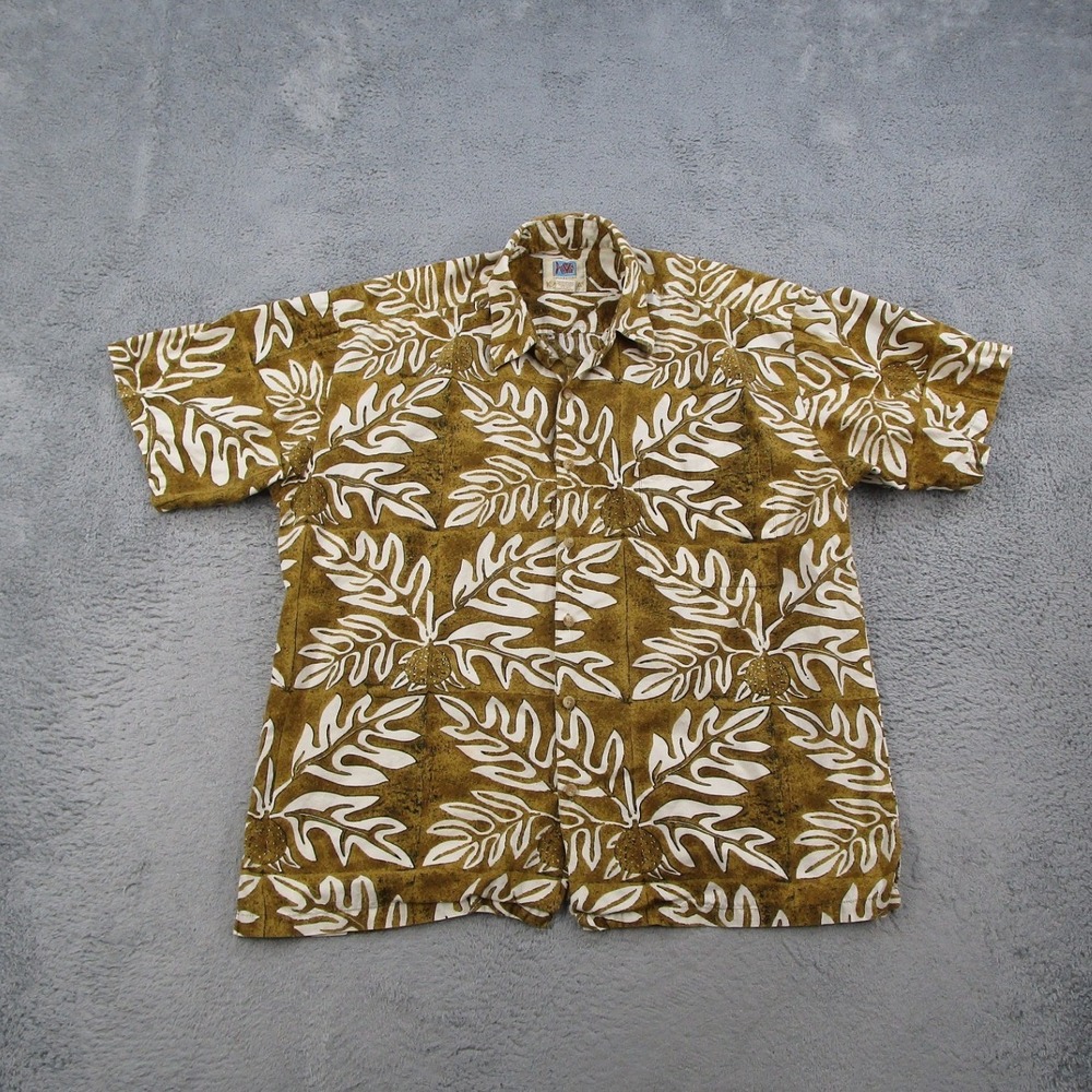 Kahala Avi Hawaiian Shirt Mens Large Brown White Breadfruit Leaf Print Hawaii